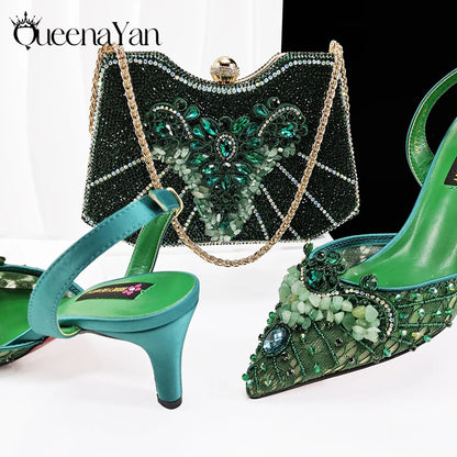 Women High Heel Party For Purple Color Shoes and Bag Set Rhinestone Handbag Italian Design Wedding INS 2025