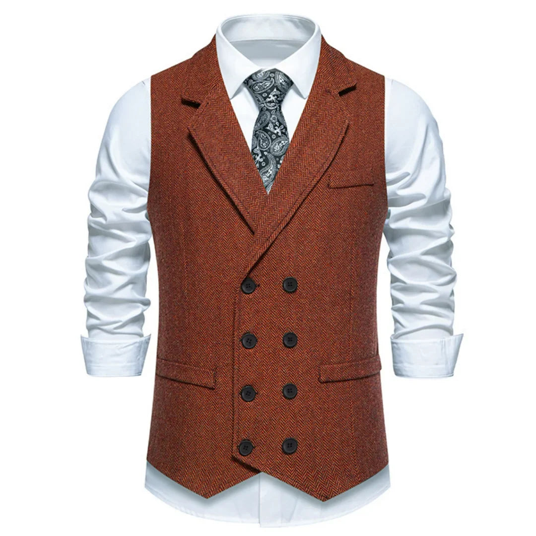 Men Vest Gray Herringbone Double Button With Lapel Waistcoat For Wedding Groom Business Banquet Office Work Men Suit Vest