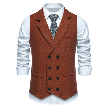 Men Vest Gray Herringbone Double Button With Lapel Waistcoat For Wedding Groom Business Banquet Office Work Men Suit Vest