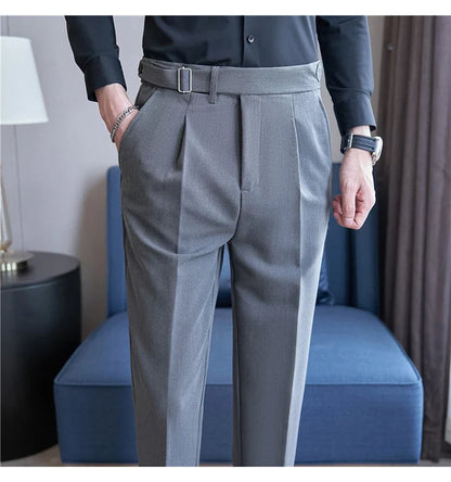 2026 Texture Naples Men's Solid Color Casual Pants Fashion Belt Design Slim Fit Suit Pants Formal Wear Wedding Social Trousers