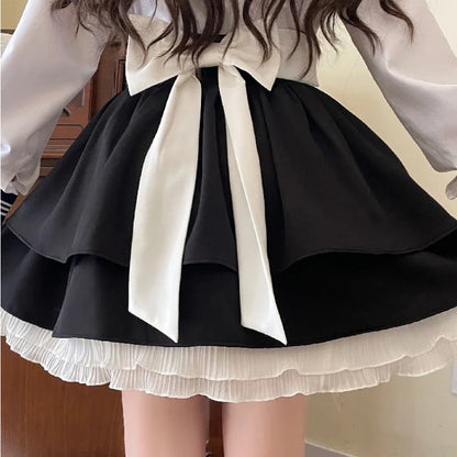 Japanese Bow Lolita Style Kawaii Skirts Women Black Ruffles Cute Mini Skirt Female Korean Fashion High Waist Princess Skirt 2023