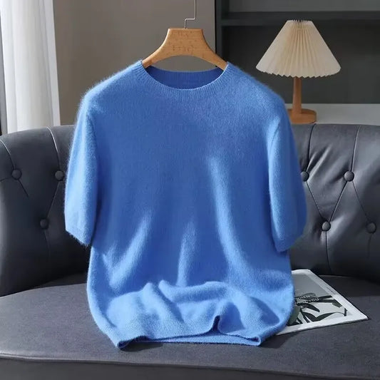 Men's Sweater Pullover Short Sleeved Summer Mink Knit Sweater Loose Round Neck Solid Color Half Sleeved Simple T-Shirt Casualtop