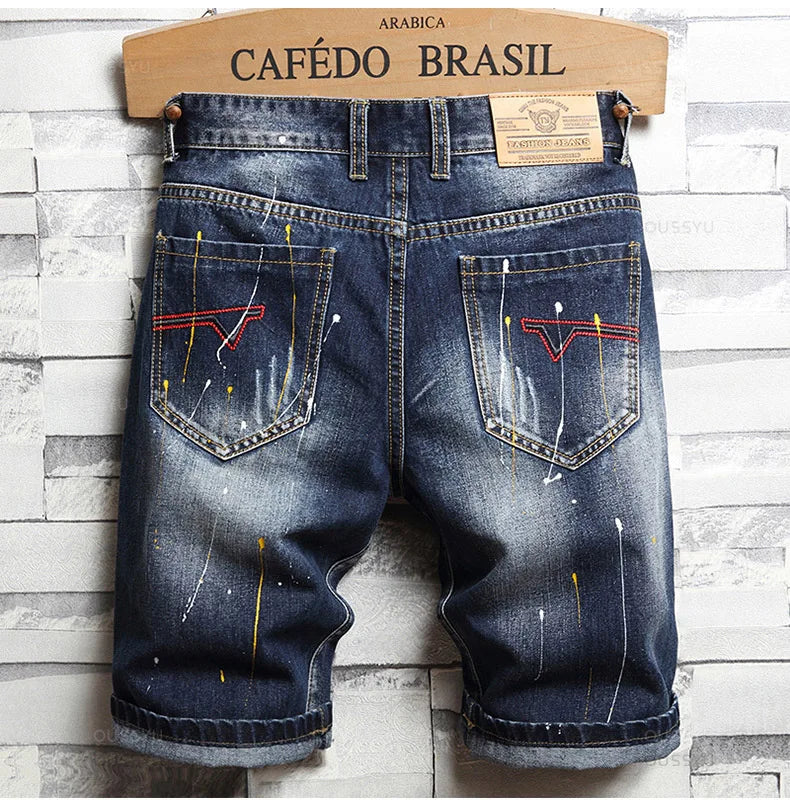 Brand Clothing New Summer Ripped Hole Denim Shorts Men Cotton Thin Straight Retro Biker Knee Length Short Jeans Male Streetwear