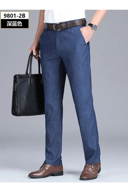 Fabric 2026  Spring Summer Men's Black Thin Straight Jeans Classic Style Business Fashion Stretch Loose Jeans Male Brand