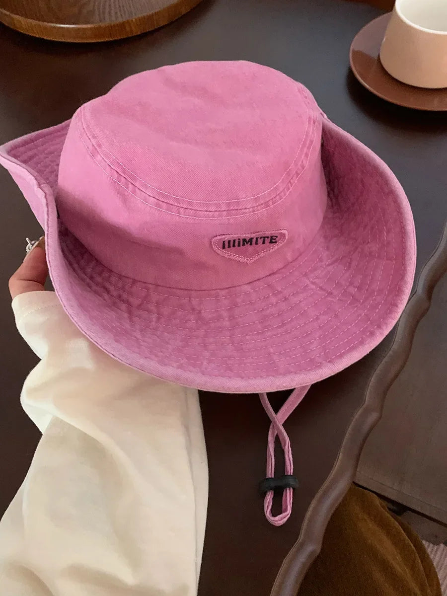Retro Washed Bucket Hats for Women Cowboy Hats Outdoor Camping Sun Protection Sweet Pink Love Bucket Caps