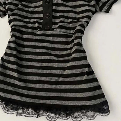 Gothic Harajuku Y2K Women's Crop Top Casual Slim Fit Striped Lace Bow Button Design Short Sleeve T-Shirt Chic Trendy Streetwear