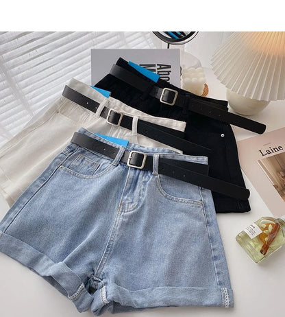Wide Leg Denim Shorts With Belt Women Summer High Waist Pocket Hot Pants Streetwear Korean Fashion Casual Cowboy Jeans Shorts