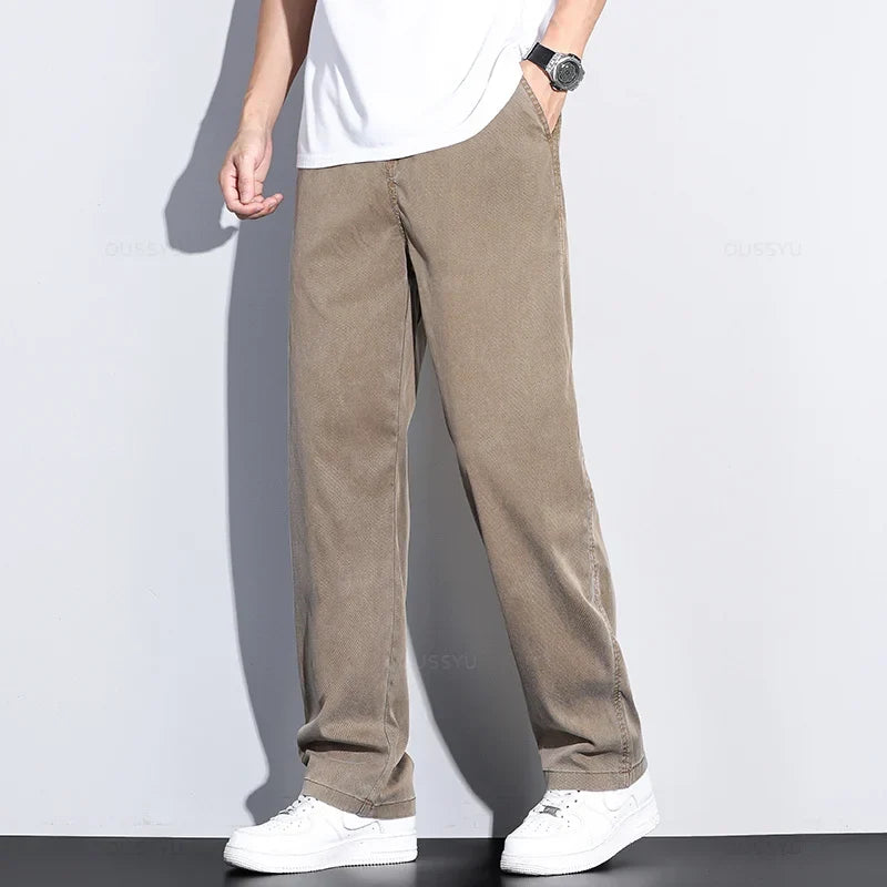 Brand Clothing Summer New Soft Lyocell Fabric Jeans Men Blue Elastic Waist Loose Straight Thin Denim Trousers Male Plus Size 5XL