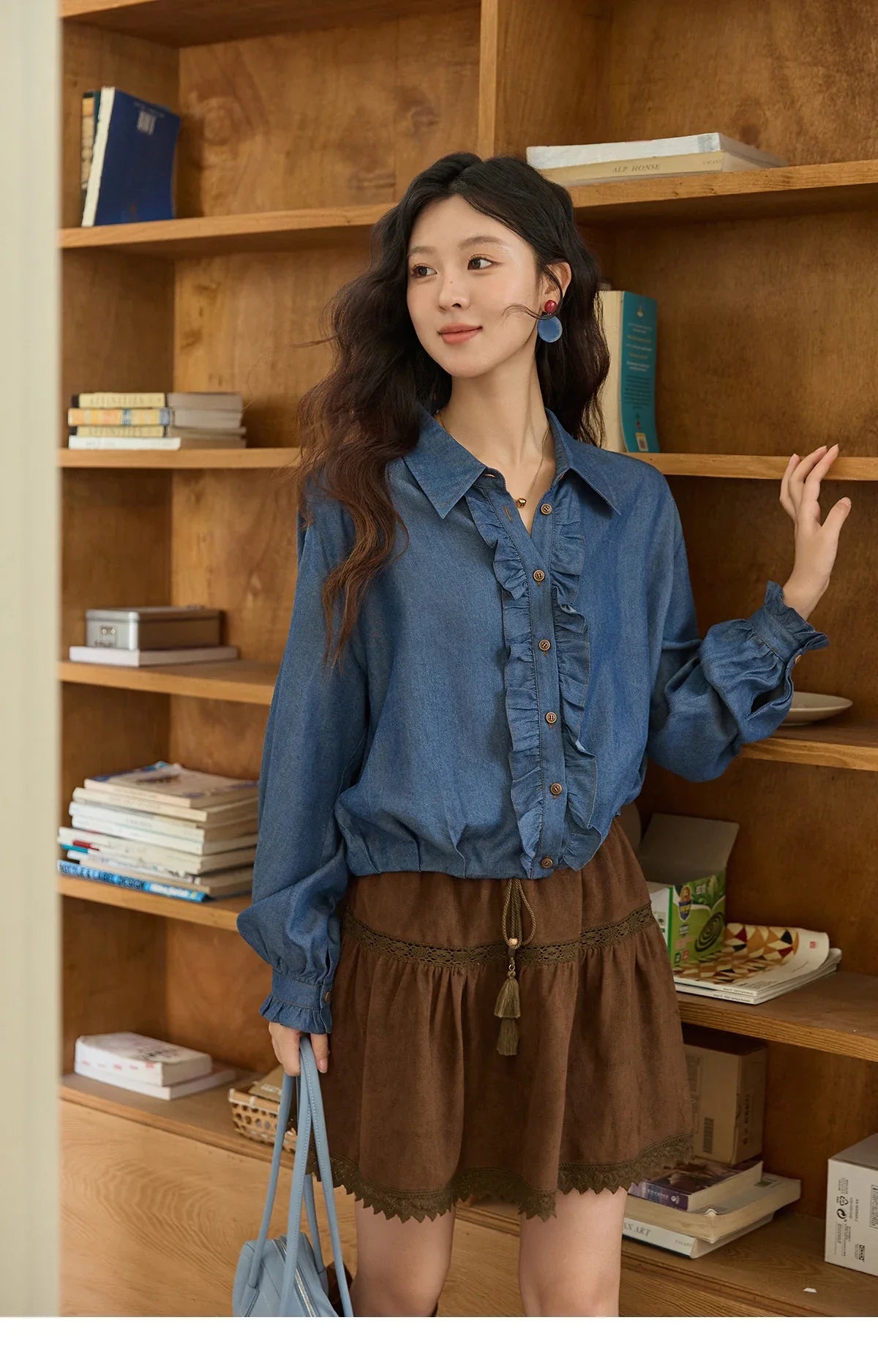 Blue Lyocell Imitation Denim Shirt for Women Autumn 2025 Ruffled Placket Contrasting Button Waist Cinc Shirt MXE43C2386