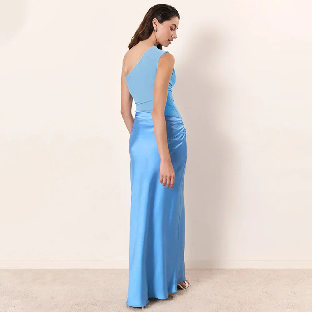 Patchwork Satin Sexy Dress Women One Shoulder Brown Sleeveless Evening Maxi Dress 2025 New Summer Elegant Party Clubwear Dresses