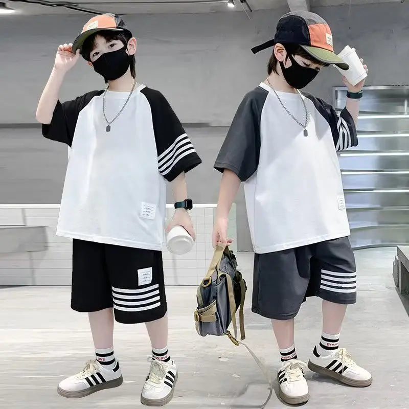 Summer Casual Boys Cotton Contrast Striped t-Shirt Tops+Short Pant Sets School Kids Tracksuit Child 2PCS Jogging Outfit 5-16 Yrs