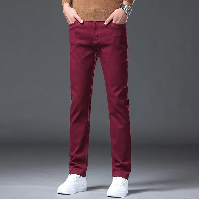 Large Size 42 44 Autumn 96% Cotton Men's Stretch Slim Jeans ArmyGreen Soft Comfortable Casual Straight Denim Pants Trousers