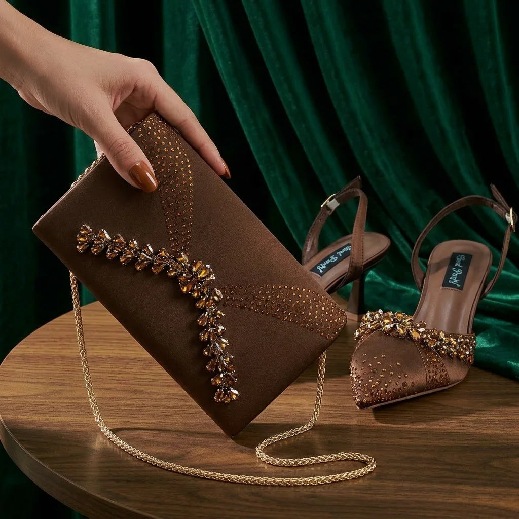 2026 Italian Inspired Gold Rhinestone HAND CRAFTED UPPER Pointed Toe Women High Heels Shoes and Bag Set Elegant Party Shoes