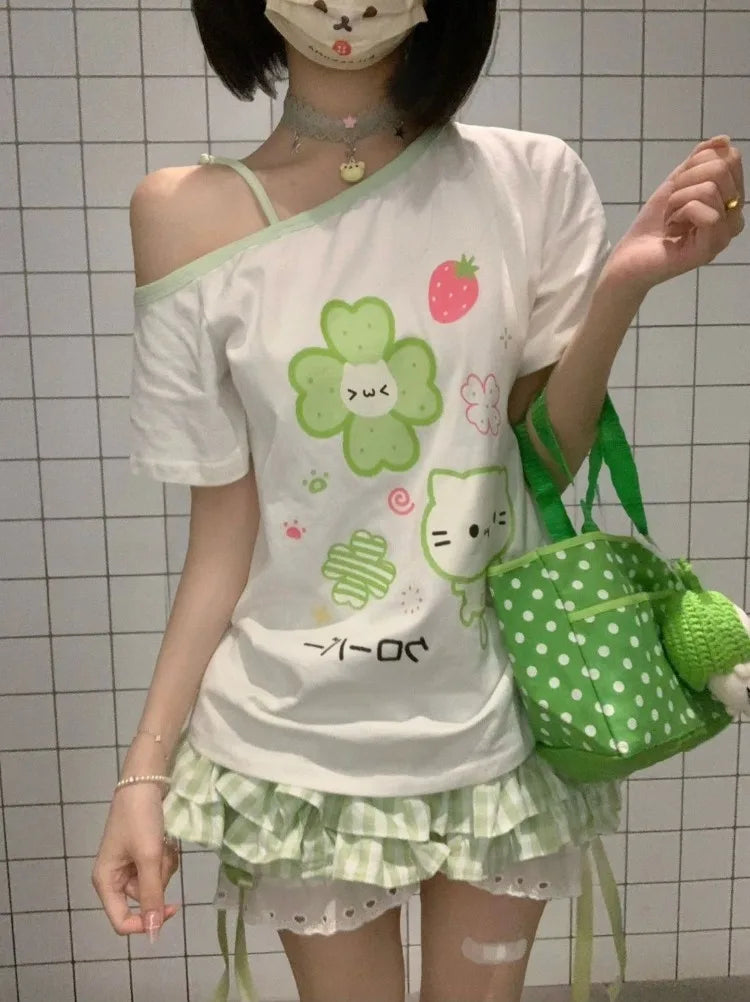 Ezgaga Harajuku T Shirts Women Cartoon Sweet Diagonal Collar Short Sleeve Off Shoulder Funny Tops Female Y2k Ladies Tshirts