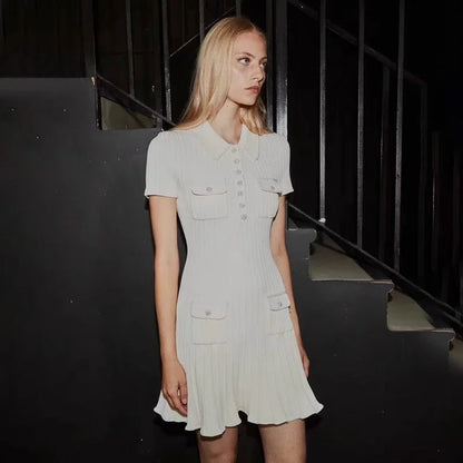 2025 Spring/Summer New Polo Neck Short Sleeve Knitted Dress Y2K Fashion Commuter Elastic Slim Fit Multi Pocket Wrapped Hip Skirt