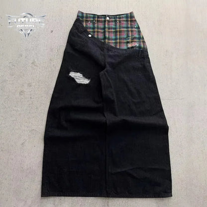 Mens Jeans Vintage Plaid Patchwork Denim Pants Harajuku Unisex Loose Fit Wide Leg Floor Length Hip Hop Streetwear Fashion Trend