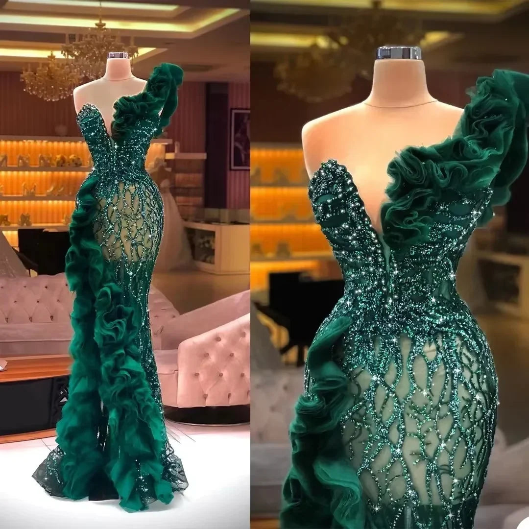 Luxury Beaded Appliques Mermaid Evening Dresses Elegant Side Split Ruffles Tulle Prom Dress Glitter Sequins Formal Party Gowns