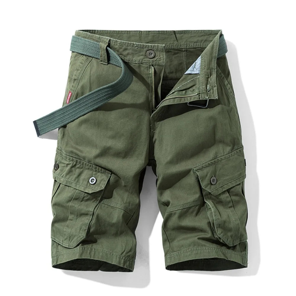 Summer Cargo Shorts Men's Pure Cotton Vintage Washed Multi Pocket Casual Straight Leg Trendy Knee Length Pants Streetwear
