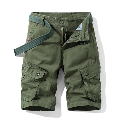Summer Cargo Shorts Men's Pure Cotton Vintage Washed Multi Pocket Casual Straight Leg Trendy Knee Length Pants Streetwear