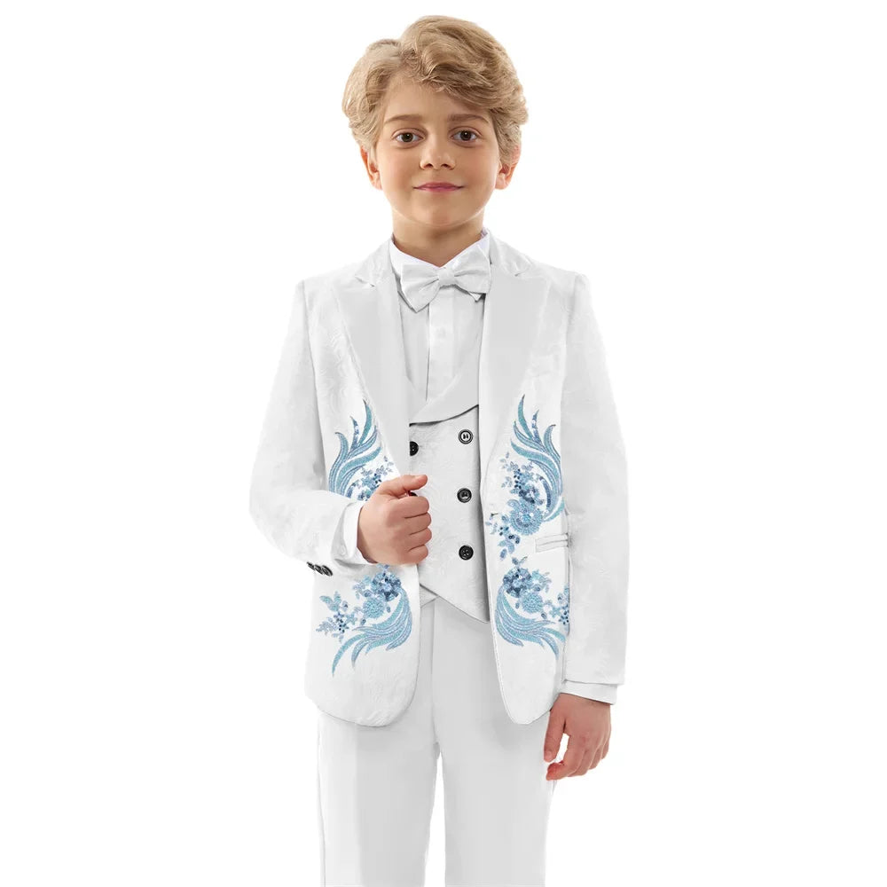 Luxurious Beaded Appliques Suit Set 4 Pieces For Boys Jacquard Kids Suits Performance Costumes Handsome Party Tuxedo