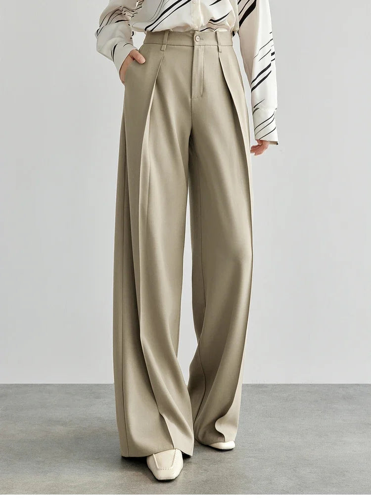 Women's Tailored Trousers Formal Solid High-waist Folds Twill Workwear Pockets Full-length Pants 2026 Spring 151K57704