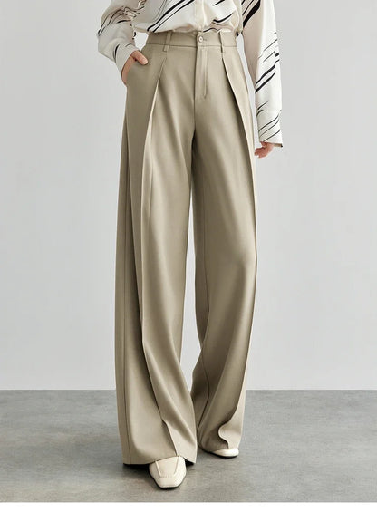 Women's Tailored Trousers Formal Solid High-waist Folds Twill Workwear Pockets Full-length Pants 2026 Spring 151K57704