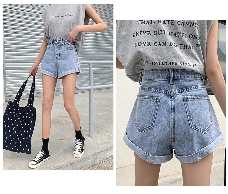 Summer 2024 Denim Shorts Women High Waisted Wide Leg Loose Crimping Blue Jeans Sequined Jean Shorts Female