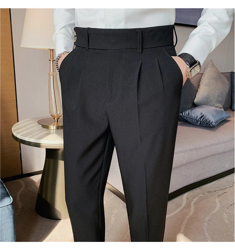 British Style Twill Pleat Design Naples High Waist Casual Trousers Fashion Man Slim Simple Social Party Suit Pant Plus Size 38