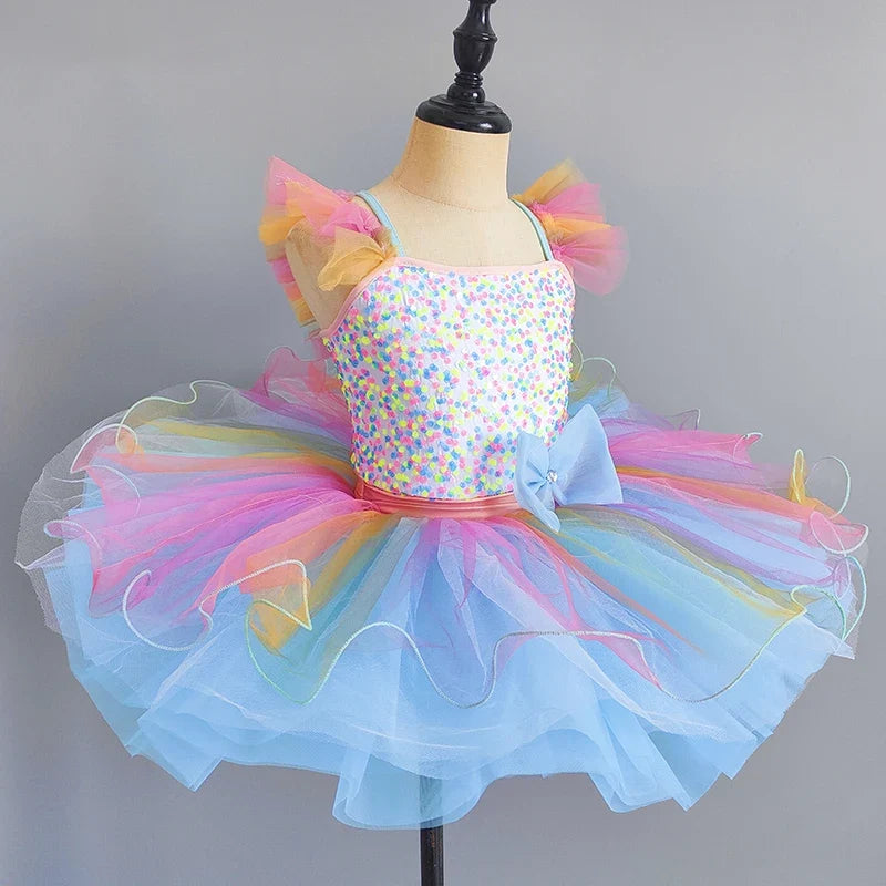 Kids Girls Ballet Dress Rainbow Color Dance Tutu Gymnastics Leotard Ballerina Dancewear Children Modern Performing Costume