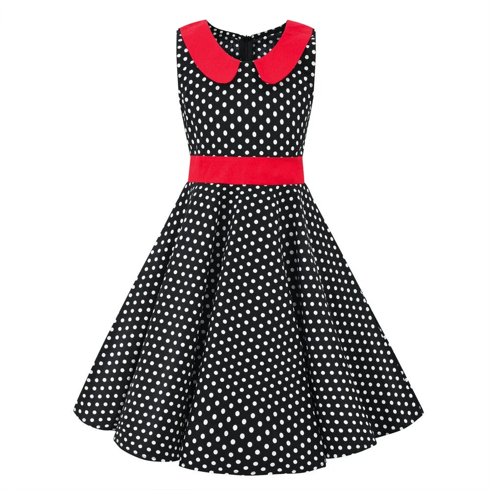 LPATTERN Girls' Vintage Rockabilly Dress Party Retro Polka Dot Floral Pattern A-line Dresses Pleated Skirt Knee-Length for 4-10Y