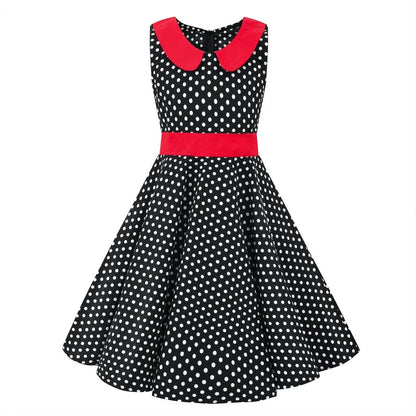 LPATTERN Girls' Vintage Rockabilly Dress Party Retro Polka Dot Floral Pattern A-line Dresses Pleated Skirt Knee-Length for 4-10Y