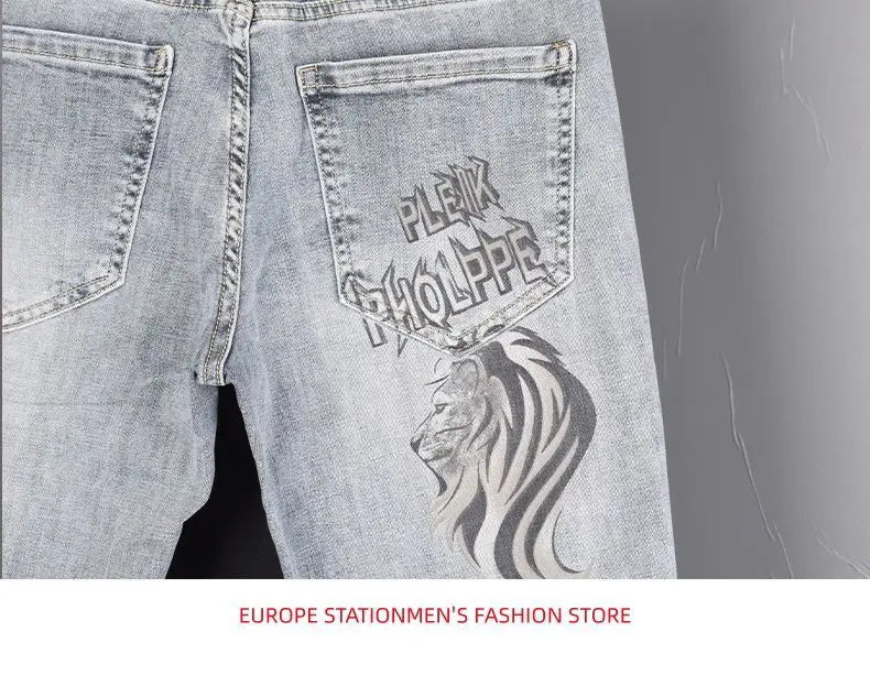 New Slim Fit Casual Jeans with Heavy Duty Ironing Drills Prints Branded Korean Style Clothes for Men Streetwear Washed Jeans