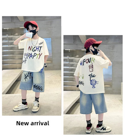 Luxurious Boys Set Summer Outfit Suit Age 5 6 7 8 9 10 11 12 13 14 Years Child Clothing Set Kids Letter T-shirt and Denim Shorts
