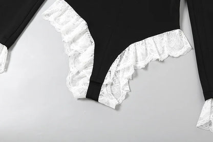Lace Fashion Suit Jumpsuit Female Blazer Body Top V-Neck Slim Long Sleeve Sexy Cardigan Streetwear Women Black Rompers New