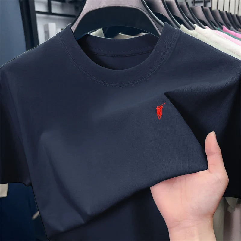 Xiaoma Embroidery Casual Pure Cotton Short Sleeved T-shirt for Young Men, Round Neck Solid Color T-shirt for Men