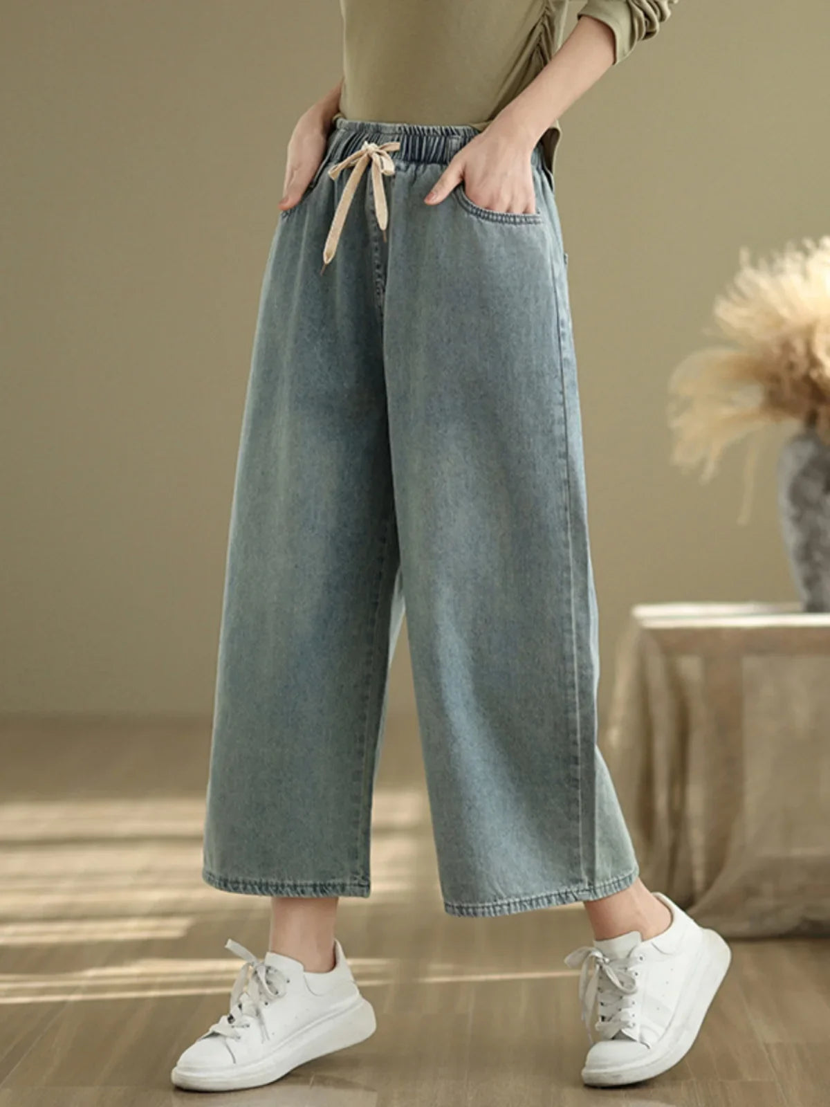 Artistic Wide Leg Denim Jeans Women's Loose Fit Nine-Piece Vintage Slim Straight Cut Trousers Spring Faion Elastic Waist