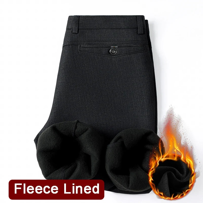 Men's Fleece Lined Suit Pants Business Casual Loose Straight Black Formal Dress Pants Navy Blue Thick Warm Trousers