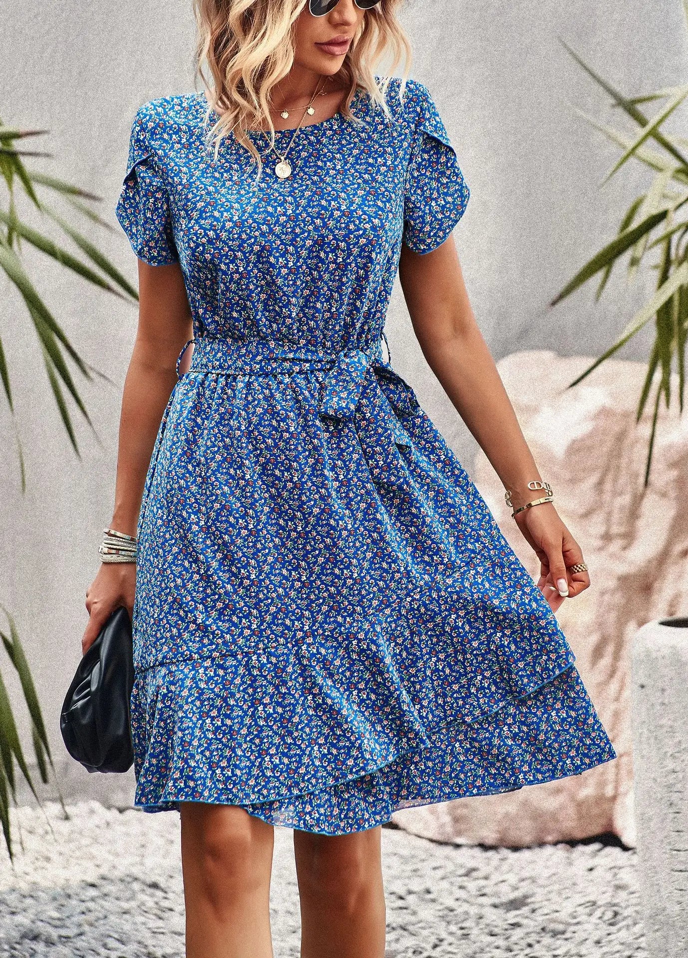 Summer O Neck Casual Printd Women Strap High Waist Pleated Floral Dress