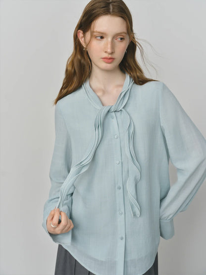Autumn Elegant Blouse 2025 Asymmetric Flounce Shirt V-Neck Korean Style Chic Design Office Lady Women's Casual Shirt