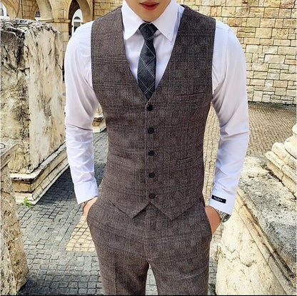Coffee Brown Men Striped Plaid 3-Piece, Dark Blue Wedding Party Slim Fit Blazers Jacket and Vest with Pants, Asian Size M-5XL