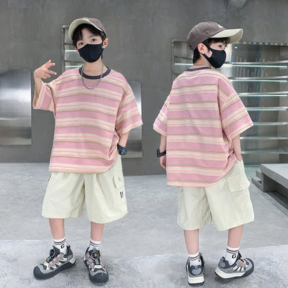 Children Summer Pink Blue Striped Suit Top and Bottom Clothes Set For Teen Boy New Fashion Tracksuit Outfit Kids Casual Clothing
