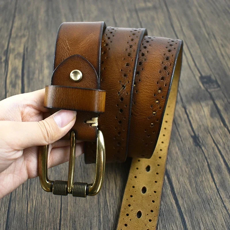 3.8cm Wide Genuine Leather Belt 105-125cm Male Retro Cowhide Waistband Men's Pin Buckle Belts DIY Jeans Pants Accessory