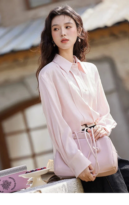 Solid Loose Fit Shirt for Women Spring 2025 Dropped Shoulder Long Sleeved  Top Casual Turn-down Collar Shirts MXE13C0405
