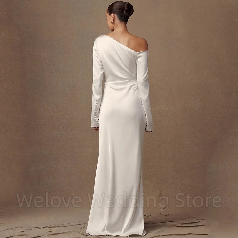 Simple Boat Neck Mermaid Wedding Dress Bride Long Sleeves Off the Shoulder with Buttons Soft Satin Customized Gowns