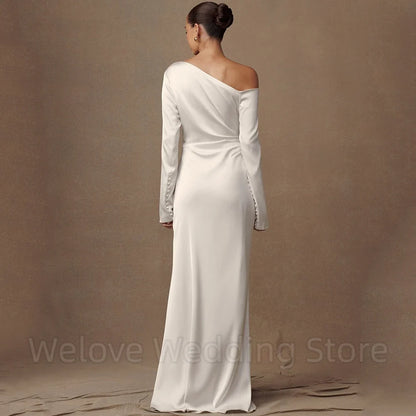 Simple Boat Neck Mermaid Wedding Dress Bride Long Sleeves Off the Shoulder with Buttons Soft Satin Customized Gowns
