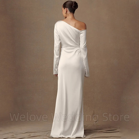 Simple Boat Neck Mermaid Wedding Dress Bride Long Sleeves Off the Shoulder with Buttons Soft Satin Customized Gowns