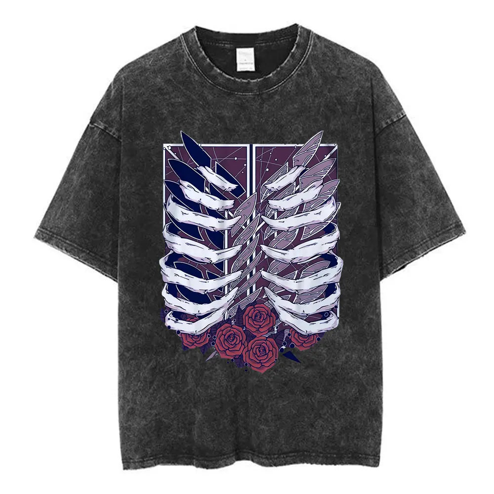 Anime Attack on Titan Washed T-Shirt Ackerman Mikasa Eren Jaeger Cherry Blossom Graphics Logo T Shirt Men Women Cotton T Shirts