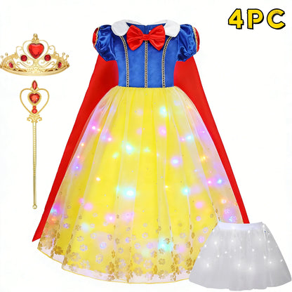 Popular Movie LED Princess Dress, White Snow Dress, With Cape And Headpiece For Halloween Carnival Birthday Party Cosplay