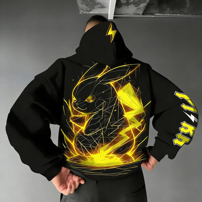 Pokemon Anime Pikachu Cotton Hoodie and Harajuku Pants Set Black Yellow Character Print Two Piece Outfit Casual Streetwear