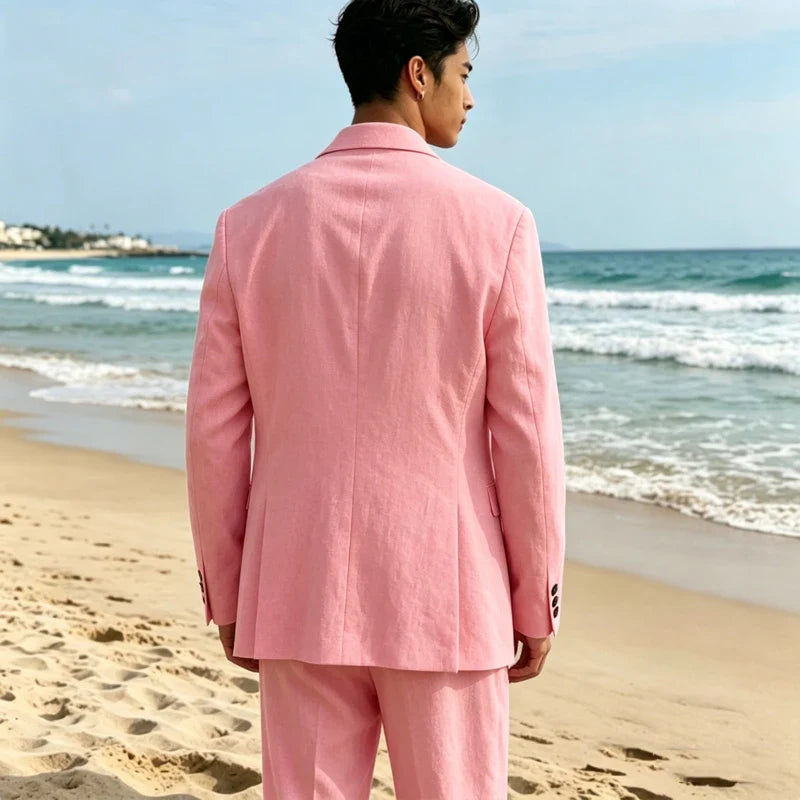 Men's Linen Suit Classic Notch Lapel 3 piece(Blazer+Vest+Pants)Breathable Wide Leg Trousers for Groom Spring Summer Party